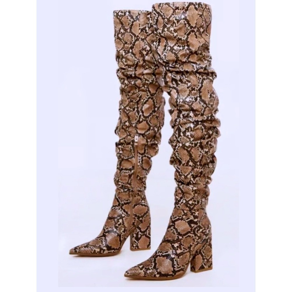 PrettyLittleThing Thigh High Boots Tan Snakeskin Slouchy Block Heel Pointed Toe
